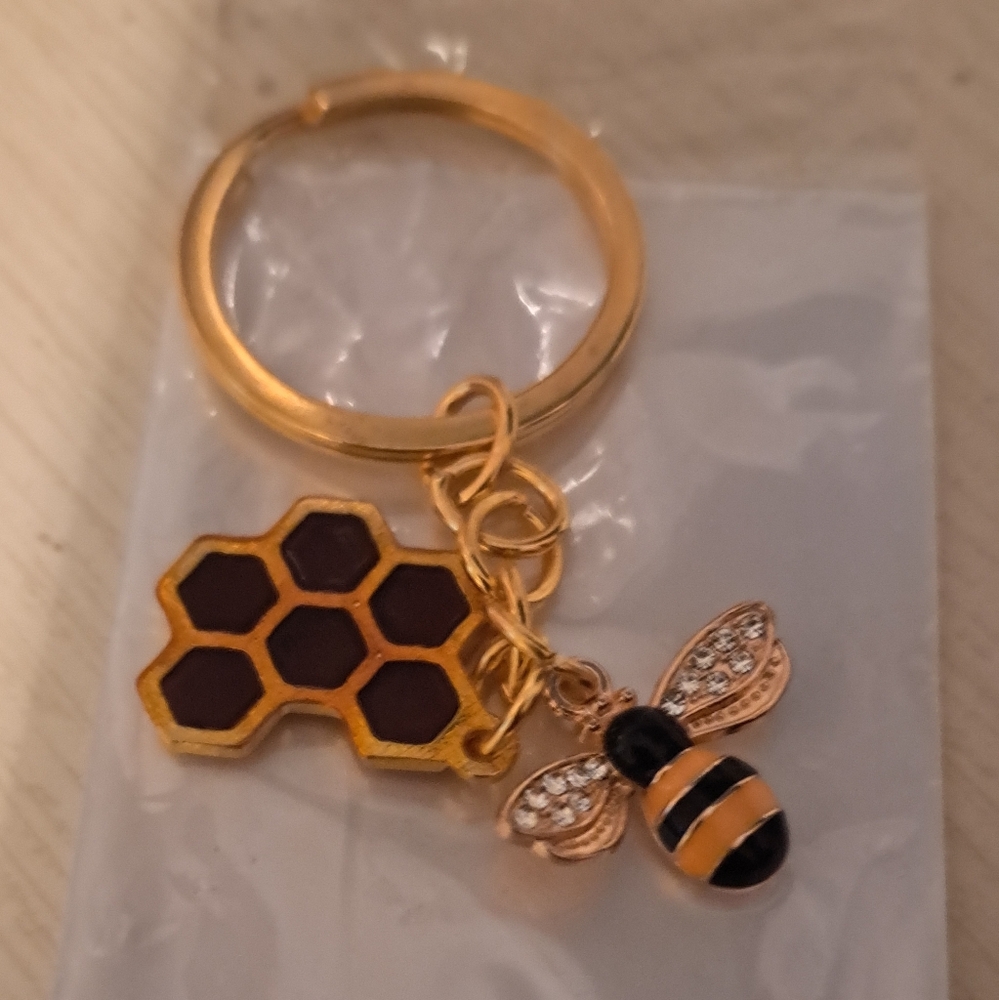 Gold Bee and Honeycomb Keychain NWOT